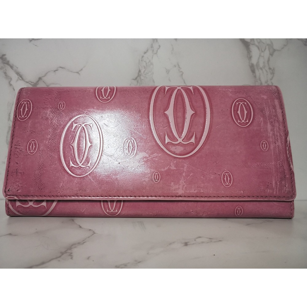 CARTIER Vintage Happy Birthday Pink Patent Calfskin Leather Long Wallet